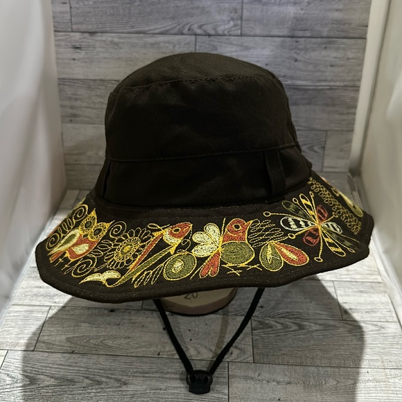 Brown embroidered floral owl garden bucket boho hat - Picture 1 of 5